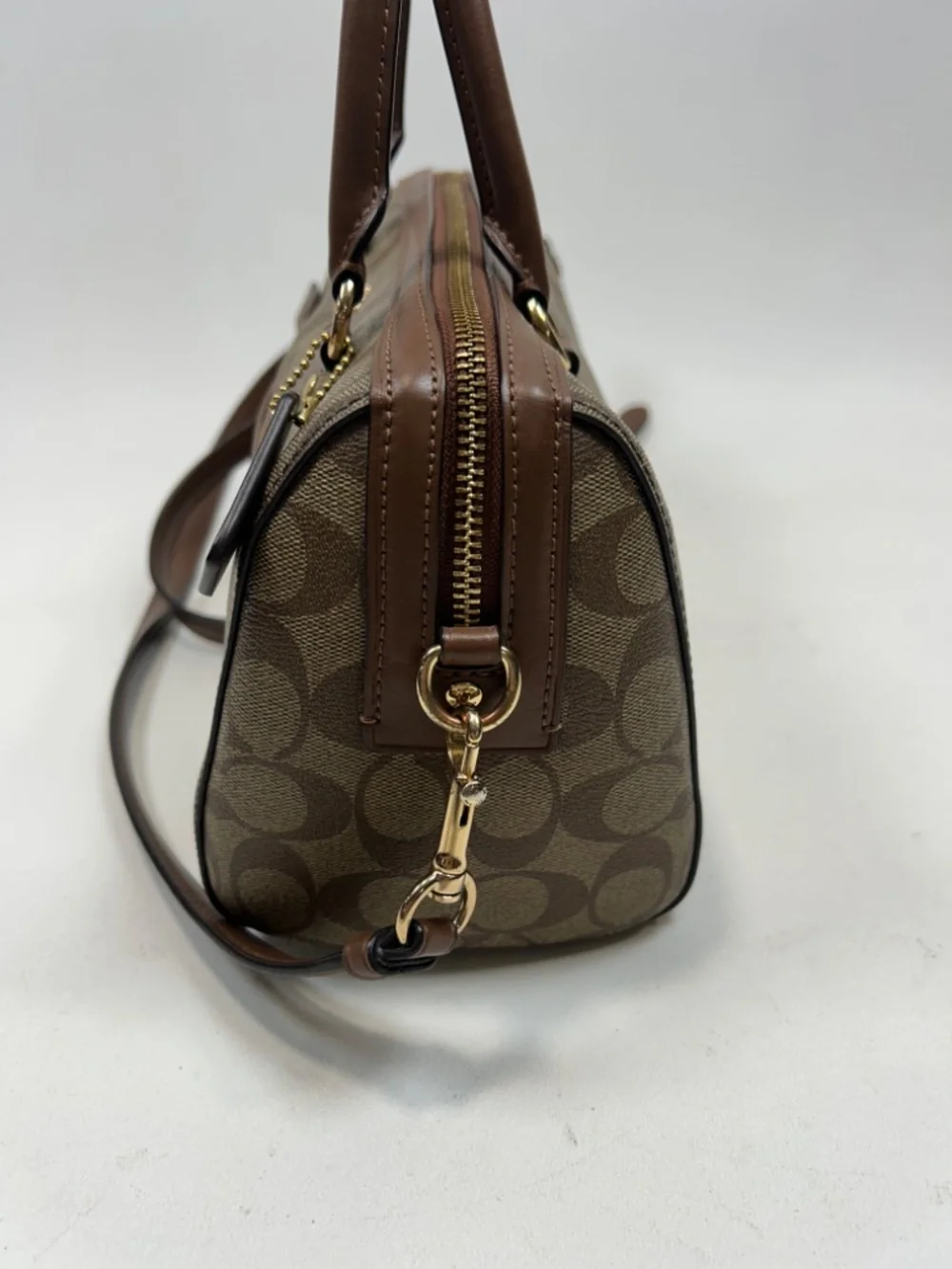 COACH Rowan Satchel in Khaki/Saddle Signature Coated Canvas Crossbody Strap